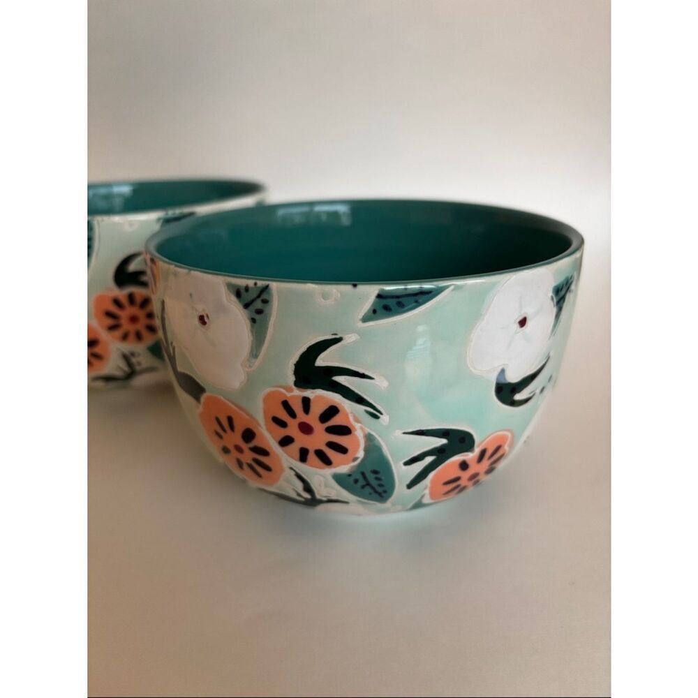 NWT Anthropologie Mathilde Turquoise Hand Painted Bowls Set Of 2